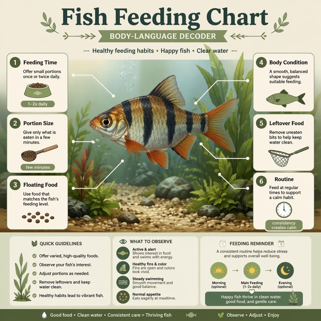 Minimalistická infografika s akvarijní rybou uprostřed v osázeném akváriu a 6 anglickými popisky krmení kolem těla.