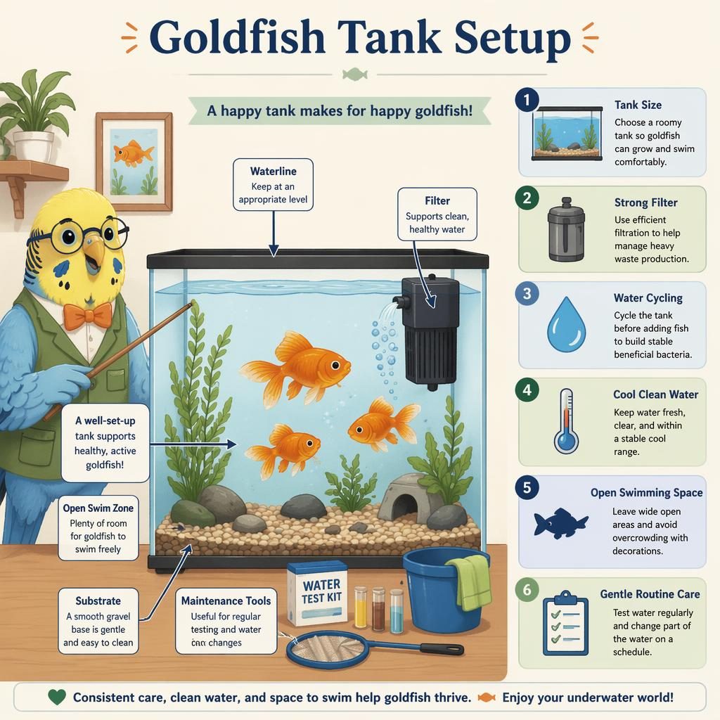 Pastel flat infographic showing a goldfish tank setup with 6 labeled care callouts and a friendly bird editor beside the aquarium.