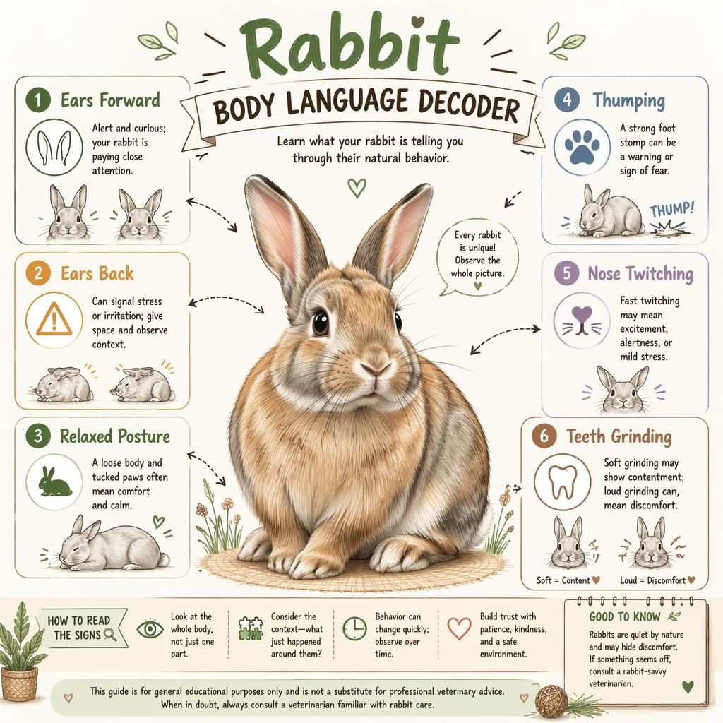 Sketchnote pet infographic with a central rabbit and 6 labeled body language callouts, icons, arrows, and legend markers.