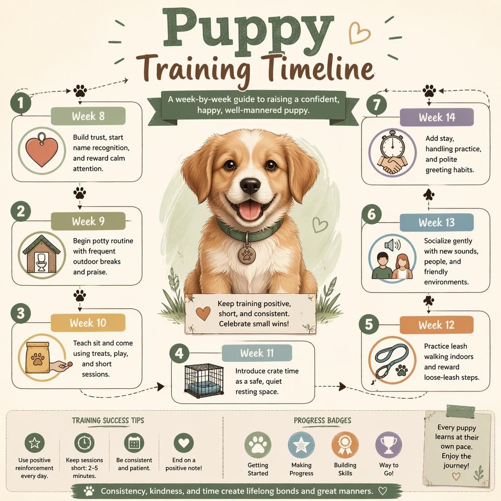 Sketchnote pet care infographic with a happy puppy center and 7 week-by-week training callouts from Week 8 to 14.