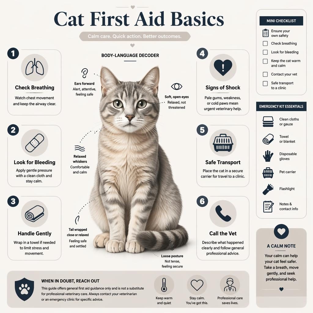 Editorial pet care infographic with a calm cat portrait, 6 first aid callouts, icons, sidebar checklist, and monochrome layout