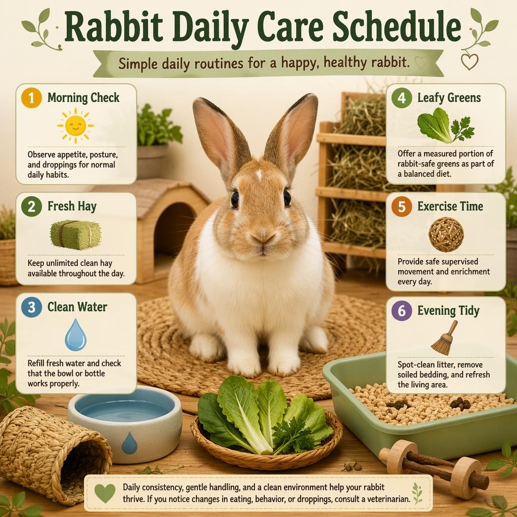 Pet care infographic showing a centered rabbit with 6 daily care callouts, icons, hay, water bowl, greens, toy tunnel, and enclosure.