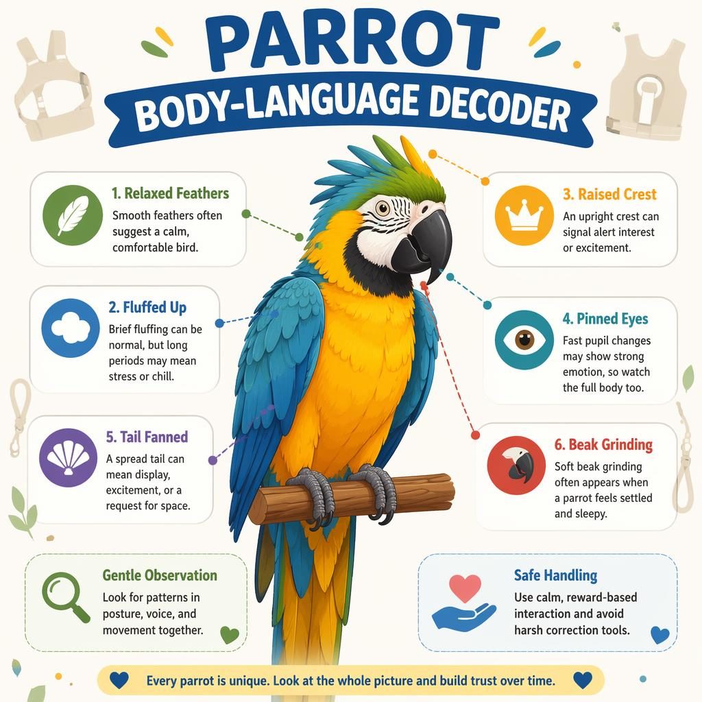 Flat pet care infographic with centered parrot, 6 body language callouts, 2 side notes, and subtle harness silhouettes.