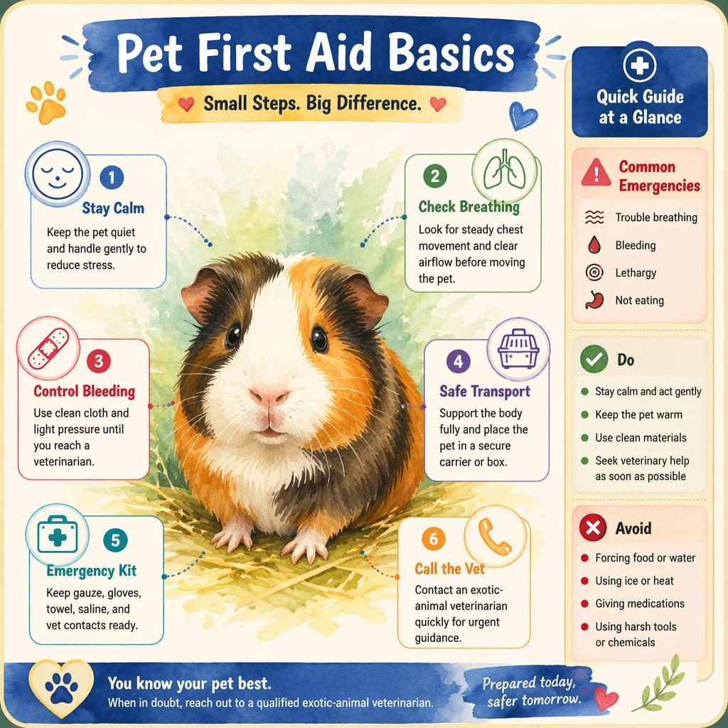 Watercolor pet care infographic card with a small exotic pet portrait, 6 first aid callouts, icons, and a safety sidebar.