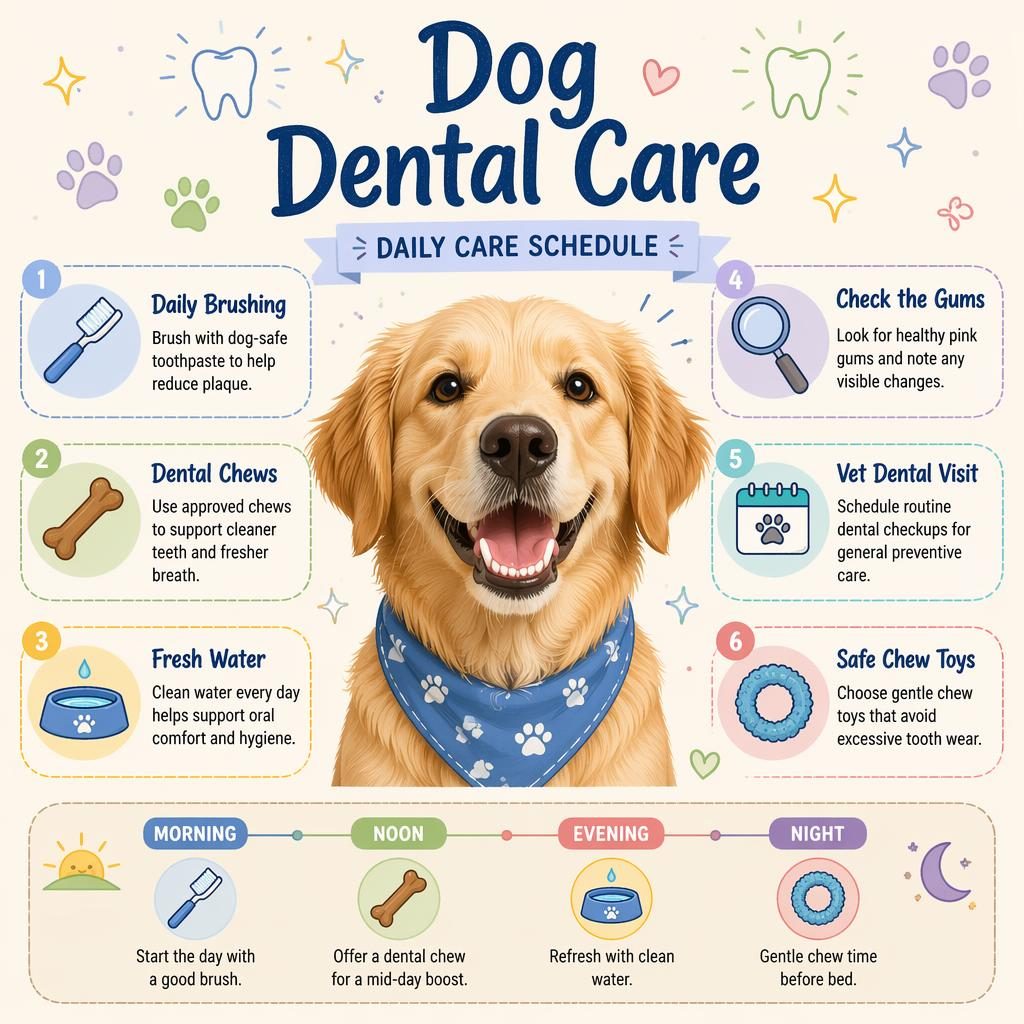 Pastel sketchnote dog dental care infographic with smiling dog, 6 labeled callouts, icons, sparkles, paw prints, and timeline.