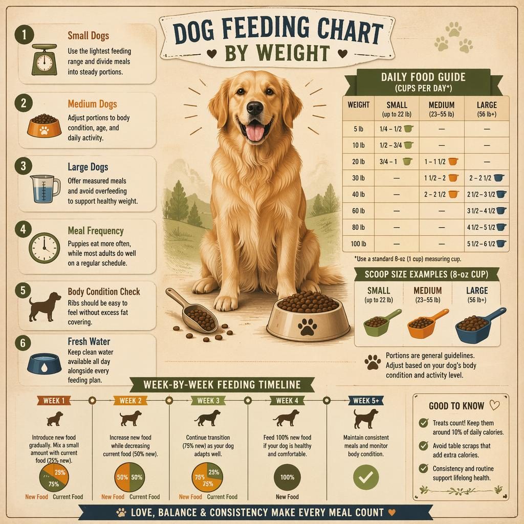 Vintage-style dog feeding infographic with a friendly dog portrait, 6 nutrition callouts, icons, and a weekly timeline.