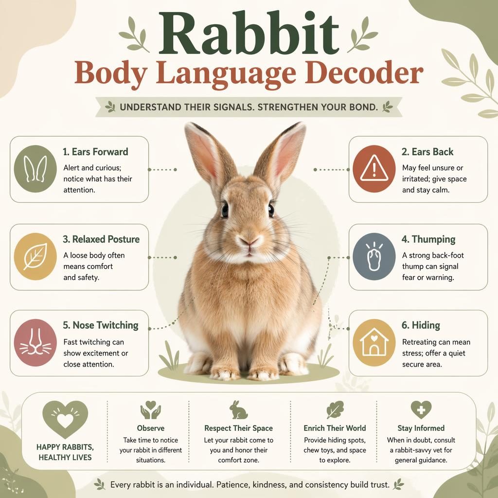 Editorial pet infographic with a centered rabbit and 6 labeled callouts on ears, posture, thumping, nose twitching, and hiding.
