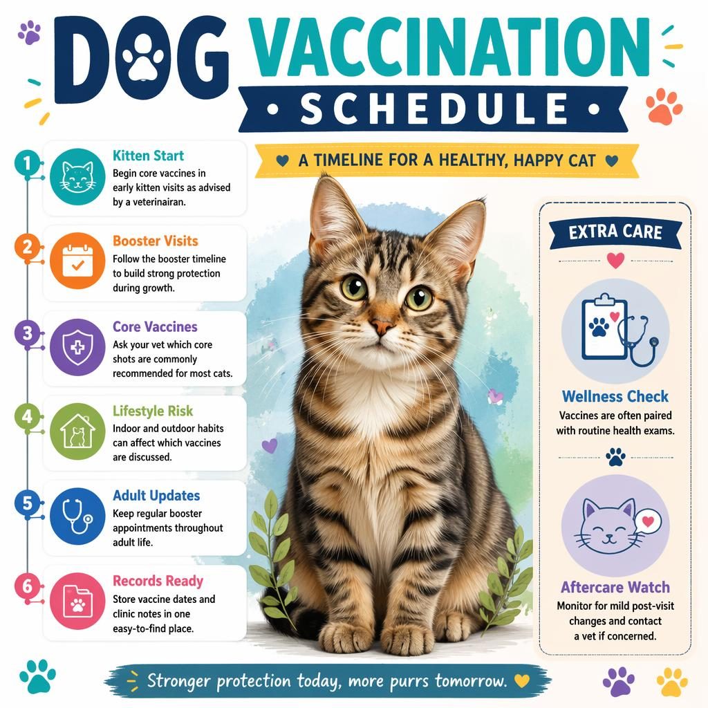 Pet care infographic with a healthy cat portrait, vaccine timeline callouts, icons, paw-print accents, and a small sidebar.