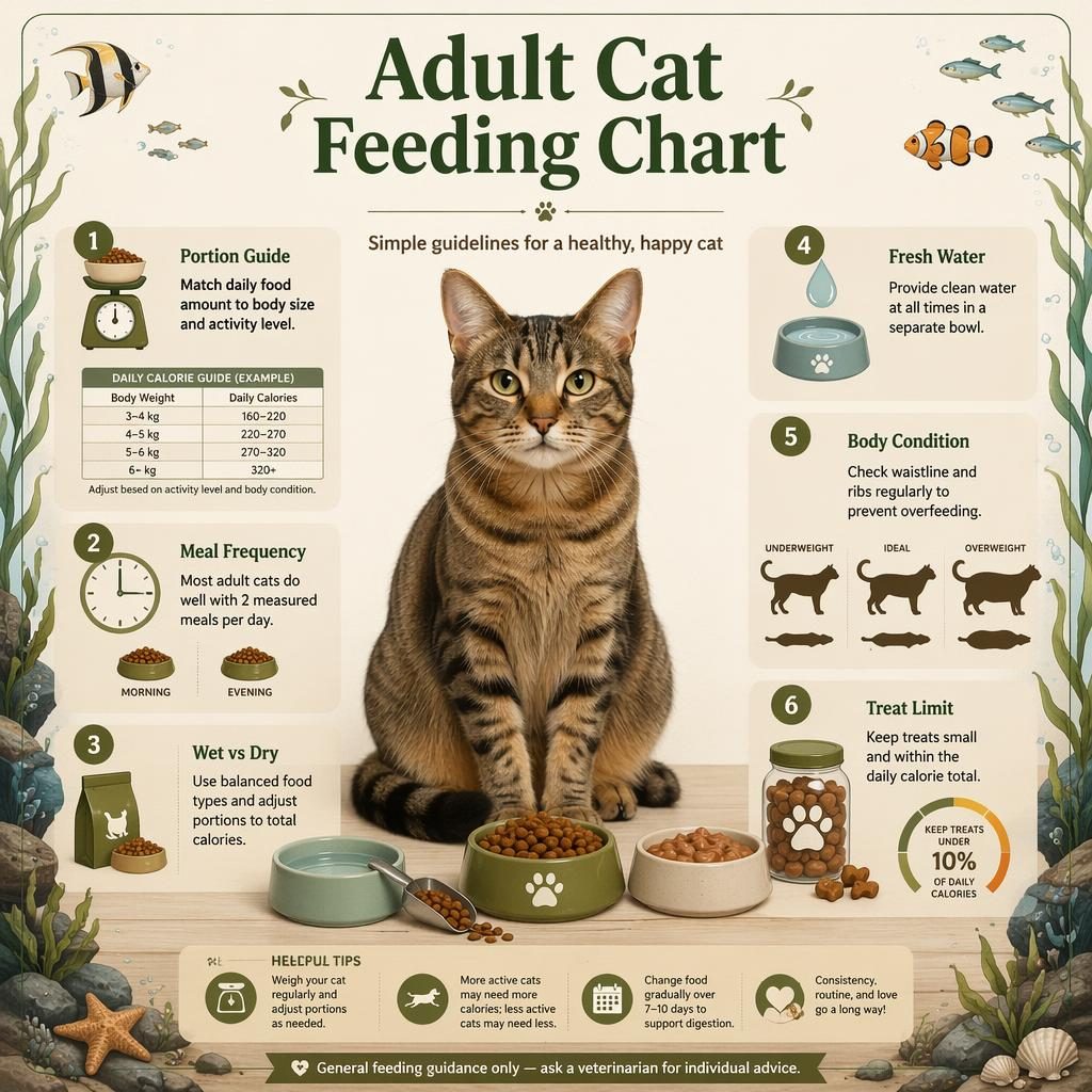Infographic poster with a healthy adult cat portrait, 6 feeding callouts, bowls, scoop, water dish, treat jar, and icons.
