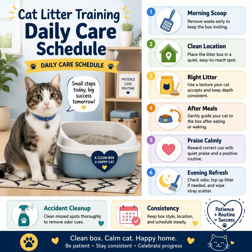 Pet care infographic with a friendly house cat by a litter box and 6 daily care callouts plus cleanup and consistency tips.