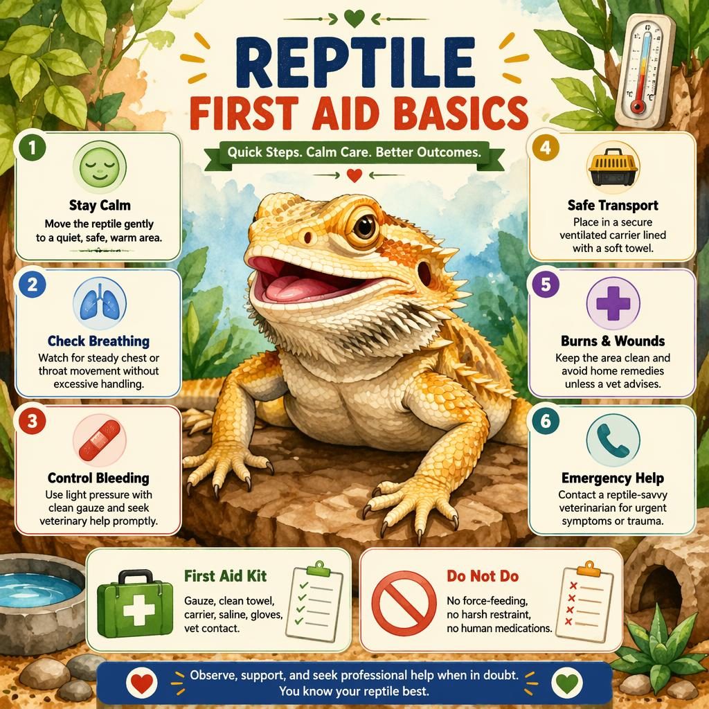 Watercolor reptile first aid infographic with 6 callouts, 2 info panels, icons, terrarium leaves, thermometer and water dish.