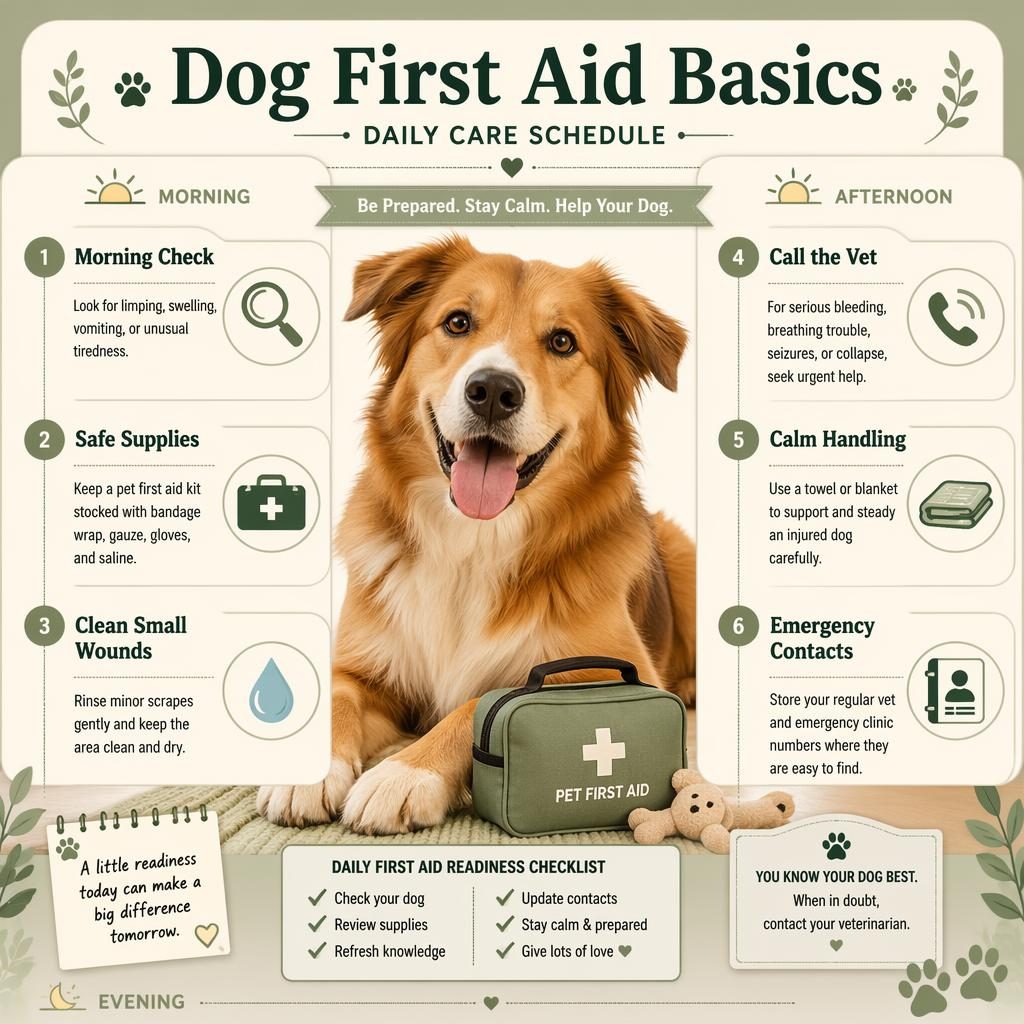 Editorial pet care infographic with a friendly dog portrait and 6 first aid routine callouts in sage and cream.