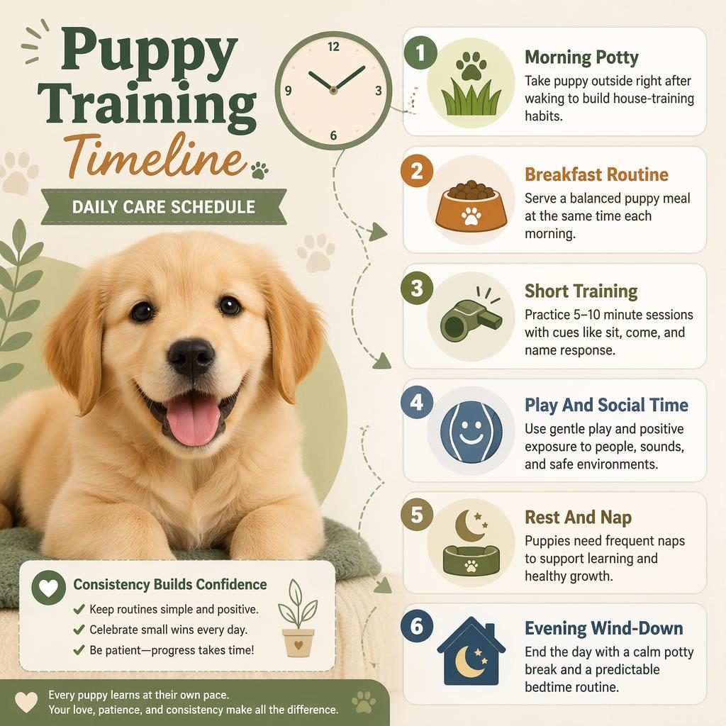 Pet care infographic with happy puppy portrait and 6 daily routine callouts in muted earth tones with icons and arrows.