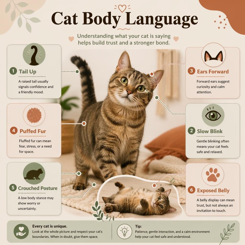 Editorial pet care infographic showing a domestic cat portrait with 6 labeled body language callouts in muted earth tones.