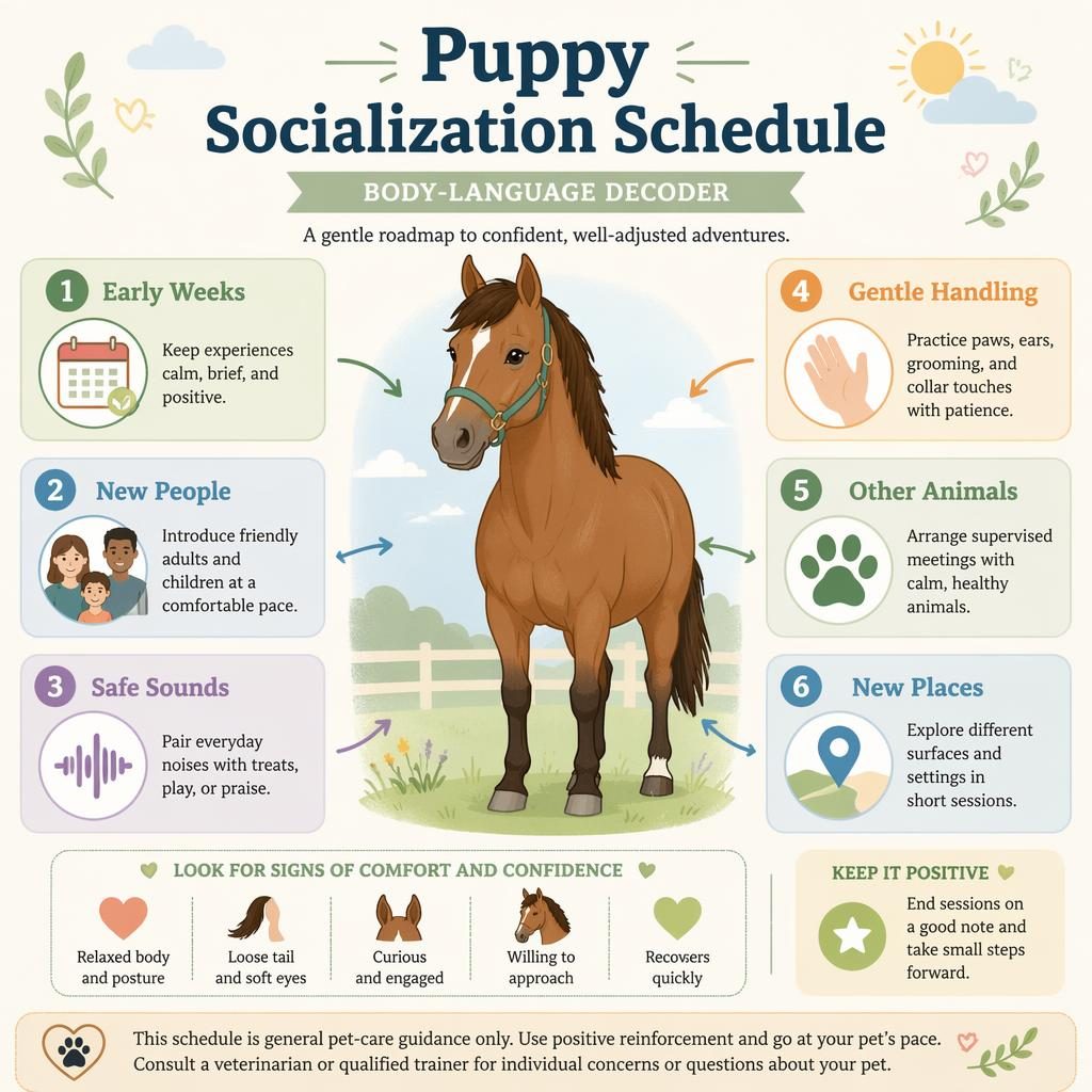 Pastel pet care infographic with a full-body horse portrait and 6 socialization callouts with icons and short tips.