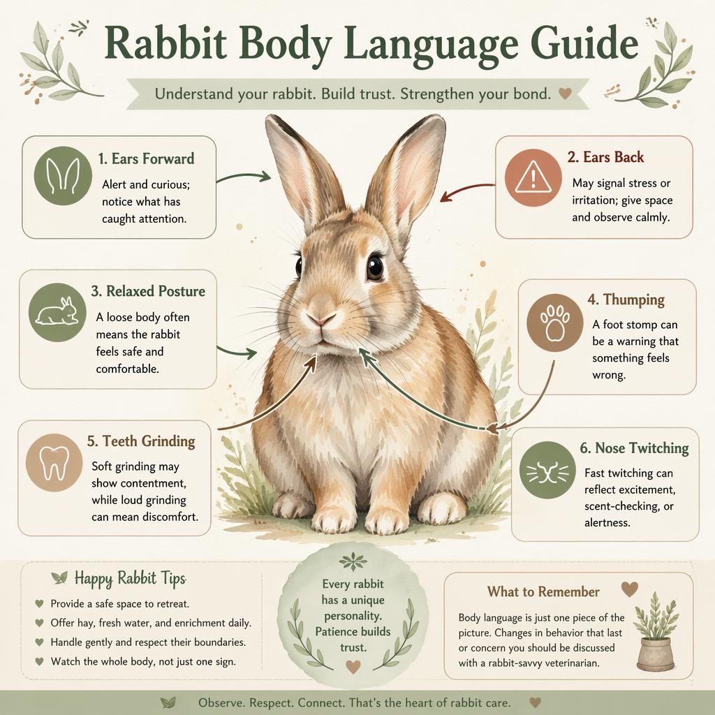 Editorial rabbit body language infographic card with watercolor rabbit portrait and 6 labeled callouts in muted earth tones.