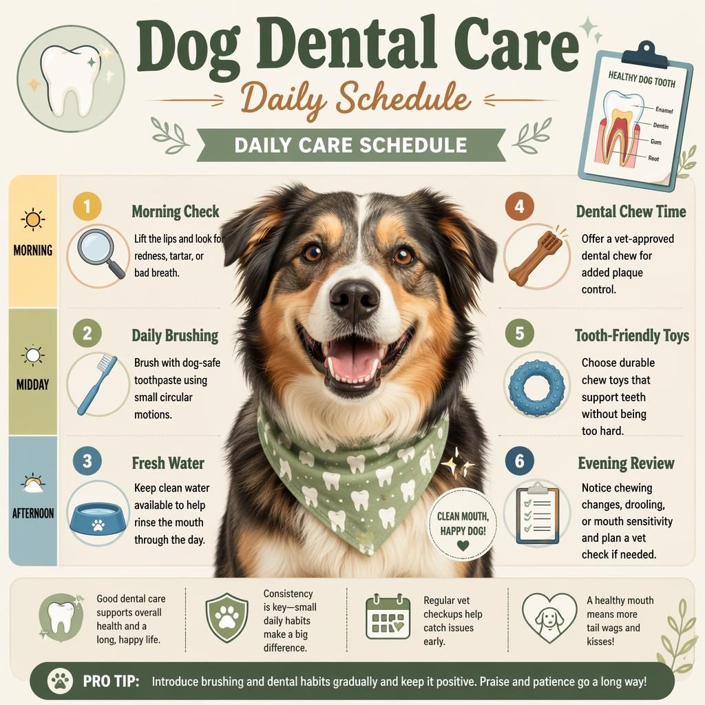 Pet care infographic showing a smiling dog portrait with 6 dental care callouts, icons, and morning to evening schedule sections.