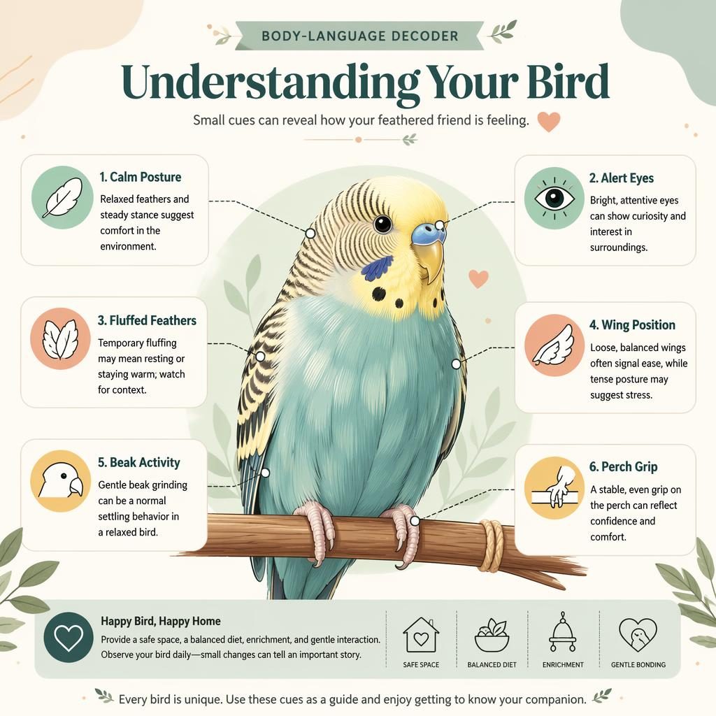 Editorial pet care infographic with a friendly pastel bird portrait, 6 labeled behavior callouts, perch, leaves, and clean dividers.