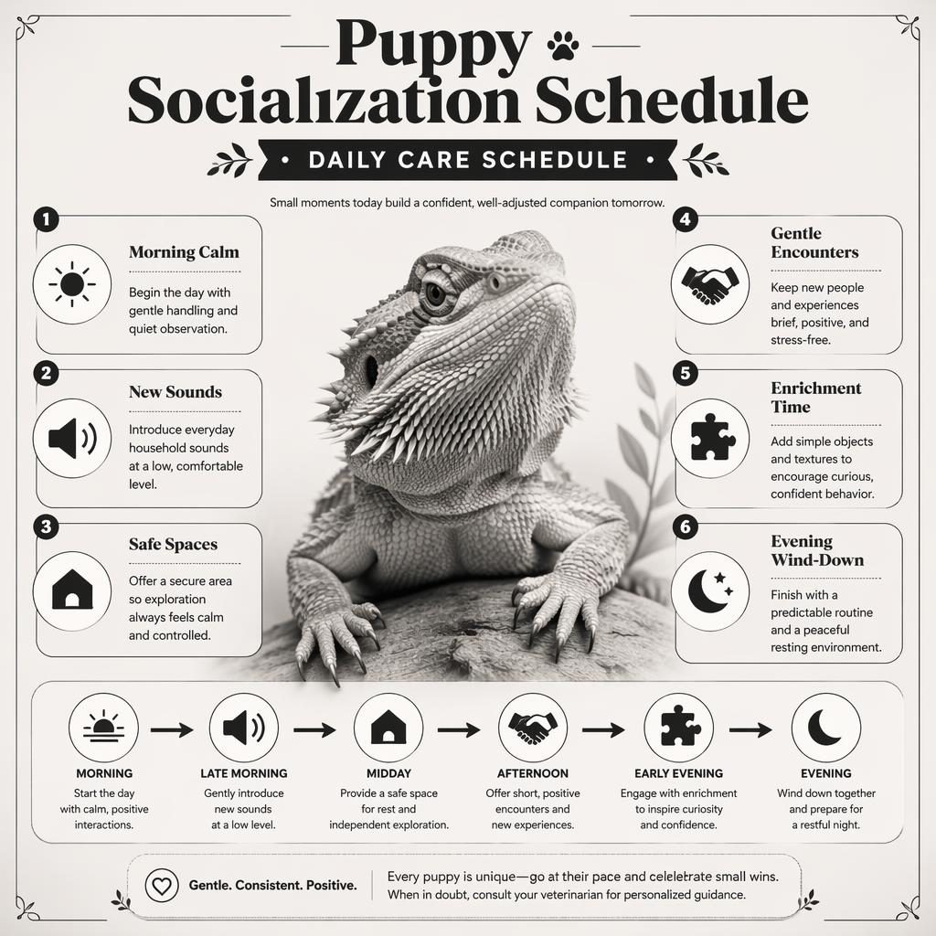 Monochromatická pet care infografika s portrétem plaza uprostřed, 6 popisky s ikonami a časovou osou od rána do večera.