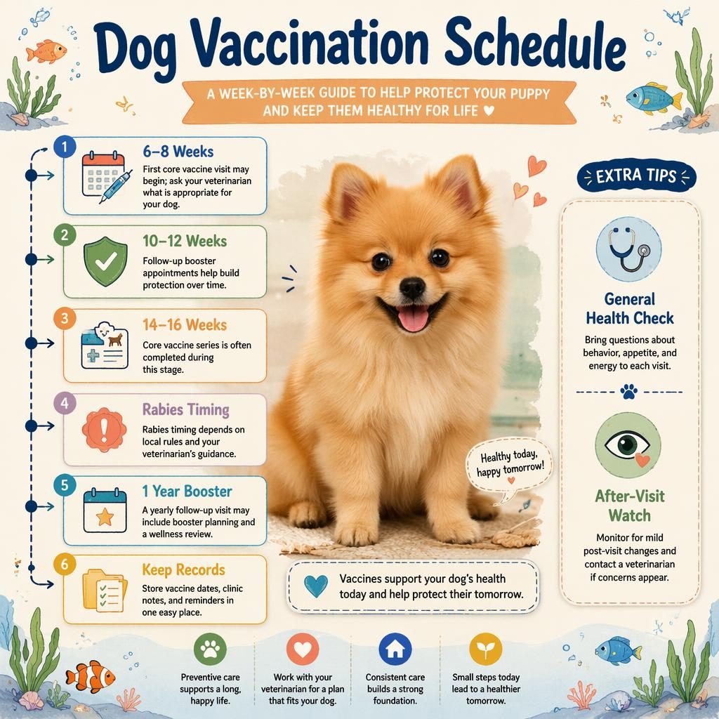 Pet care infographic with a friendly dog portrait, week-by-week vaccine timeline, 6 callouts, side tips, and fish border accents.