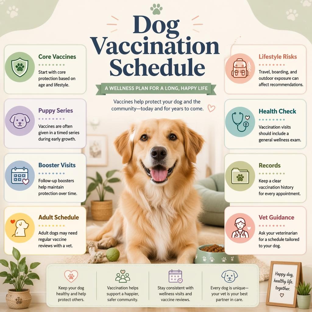 Pastel dog wellness infographic with a centered friendly dog portrait, soft panels, icons, and vaccine schedule callouts.