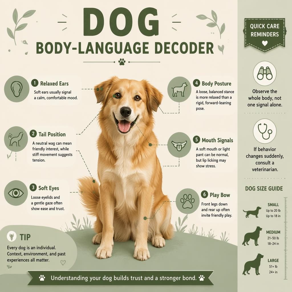 Editorial pet infographic with a friendly dog portrait, 6 body-language callouts, icons, side notes, and growth chart cues.