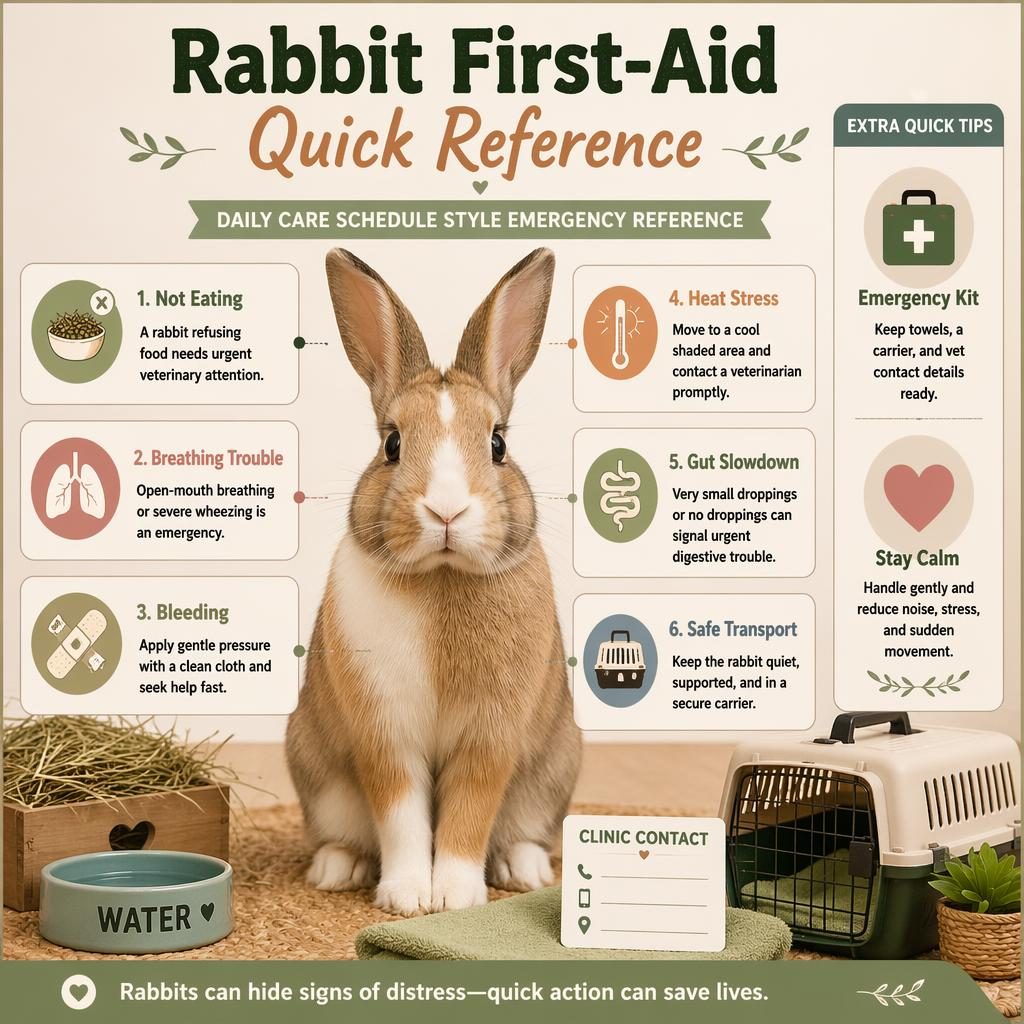 Editorial rabbit first-aid infographic card with centered rabbit portrait, 6 emergency callouts, and 2 quick-tip sidebar panels.