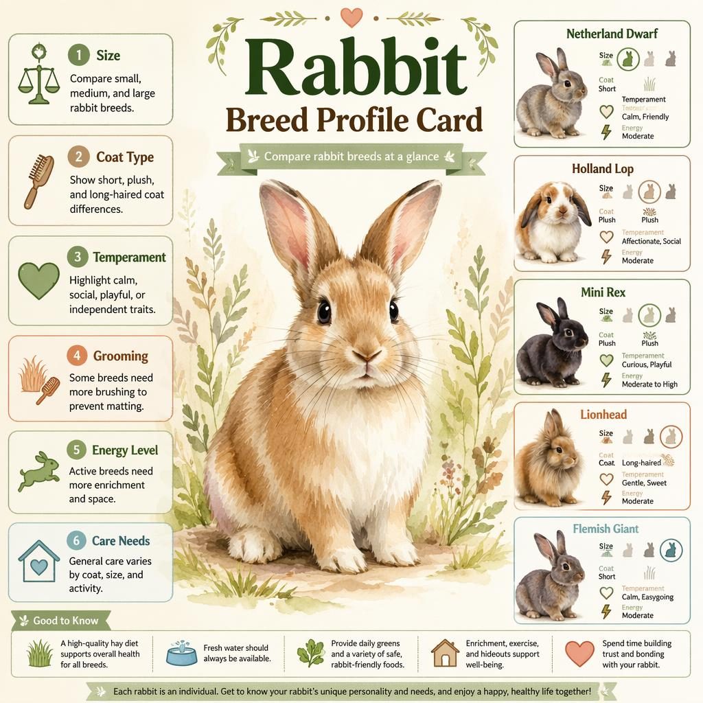 Rabbit breed profile card infographic with watercolor hero rabbit, 6 care callouts, and mini comparison panels for breeds.