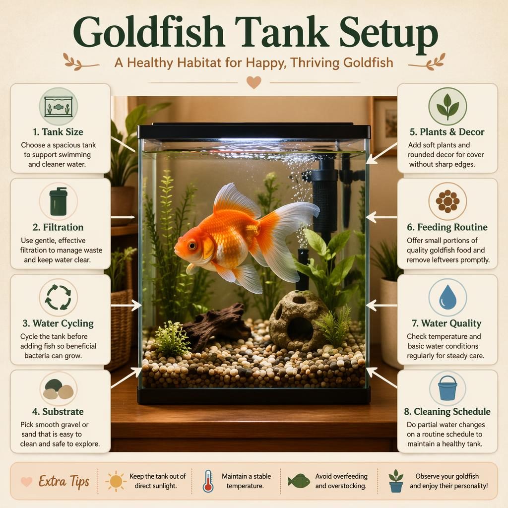 Editorial-style goldfish tank setup infographic with a healthy goldfish, labeled habitat care callouts, icons, and cozy chart blocks.
