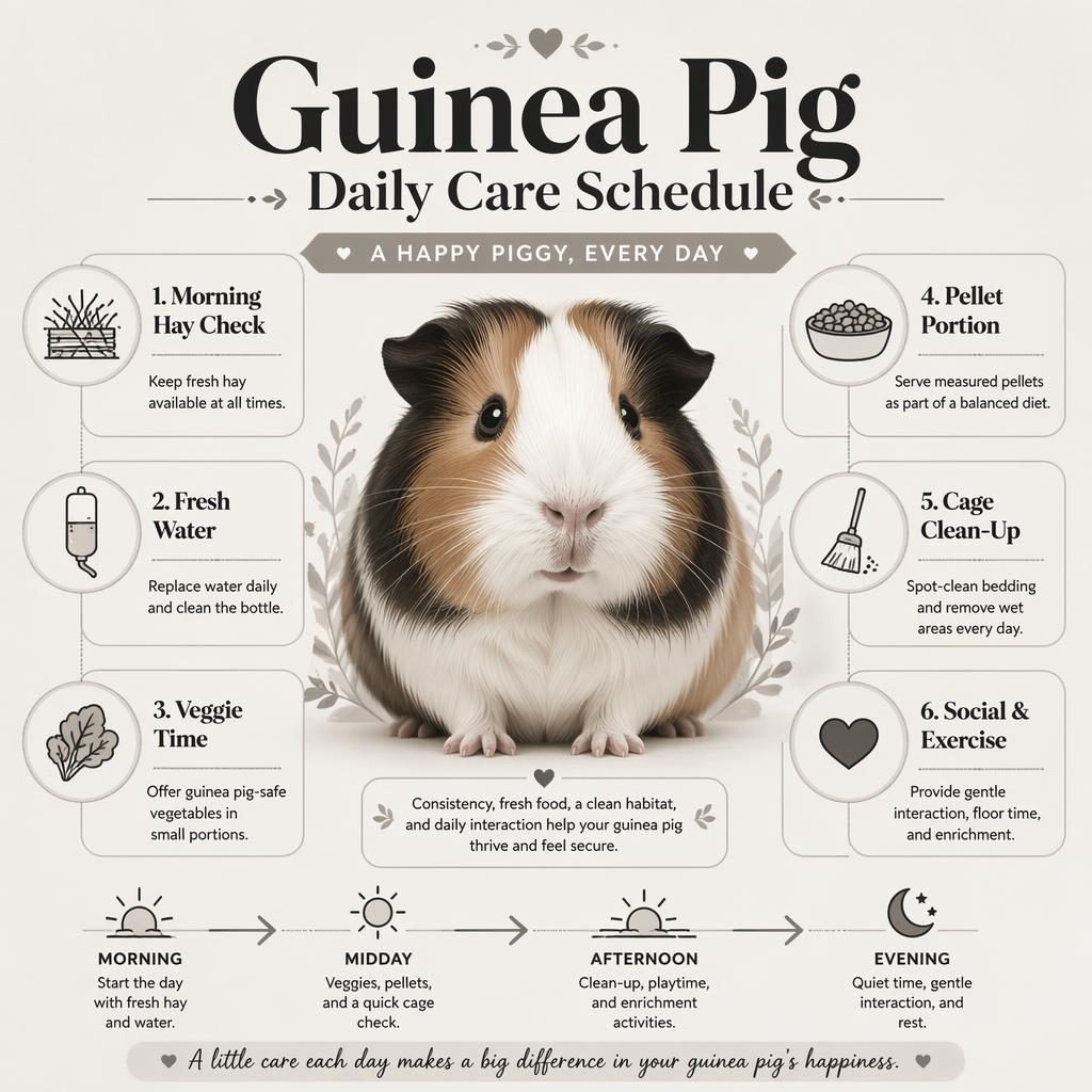 Monochrome pet care infographic with a centered guinea pig, 6 daily care callouts, icons, and a morning-to-evening timeline.