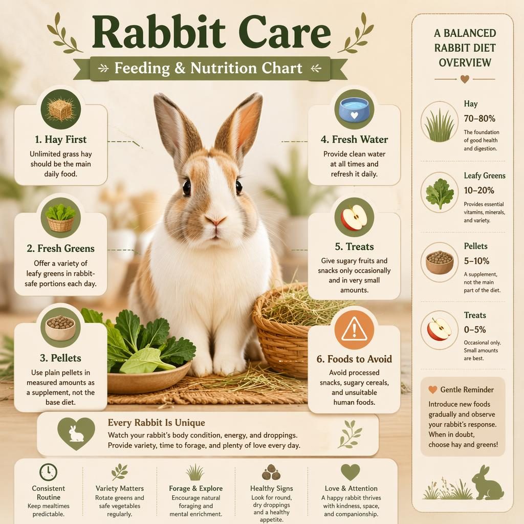 Editorial rabbit feeding infographic with a healthy rabbit, 6 nutrition callouts, icons, and a balanced diet side panel.