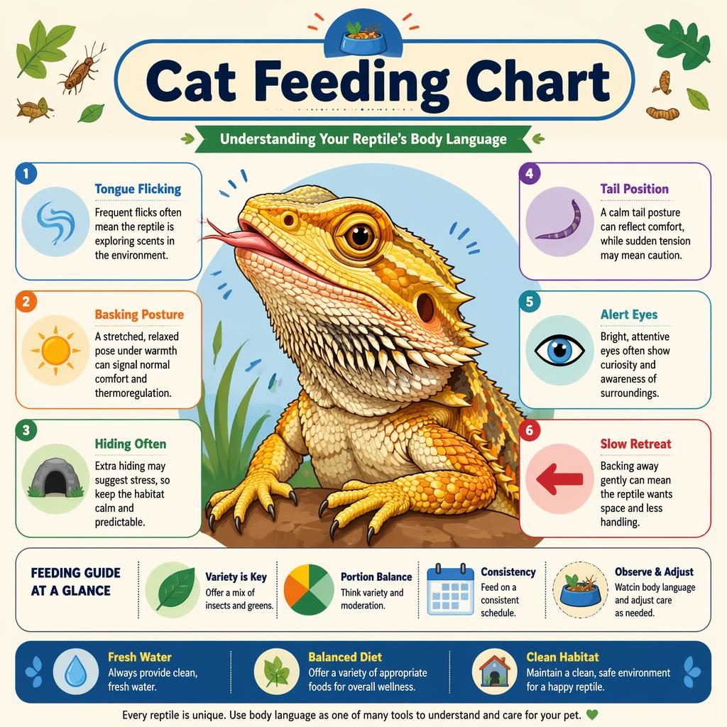 Playful flat pet infographic with a centered reptile portrait, 6 behavior callouts, nutrition icons, and a small care footer.