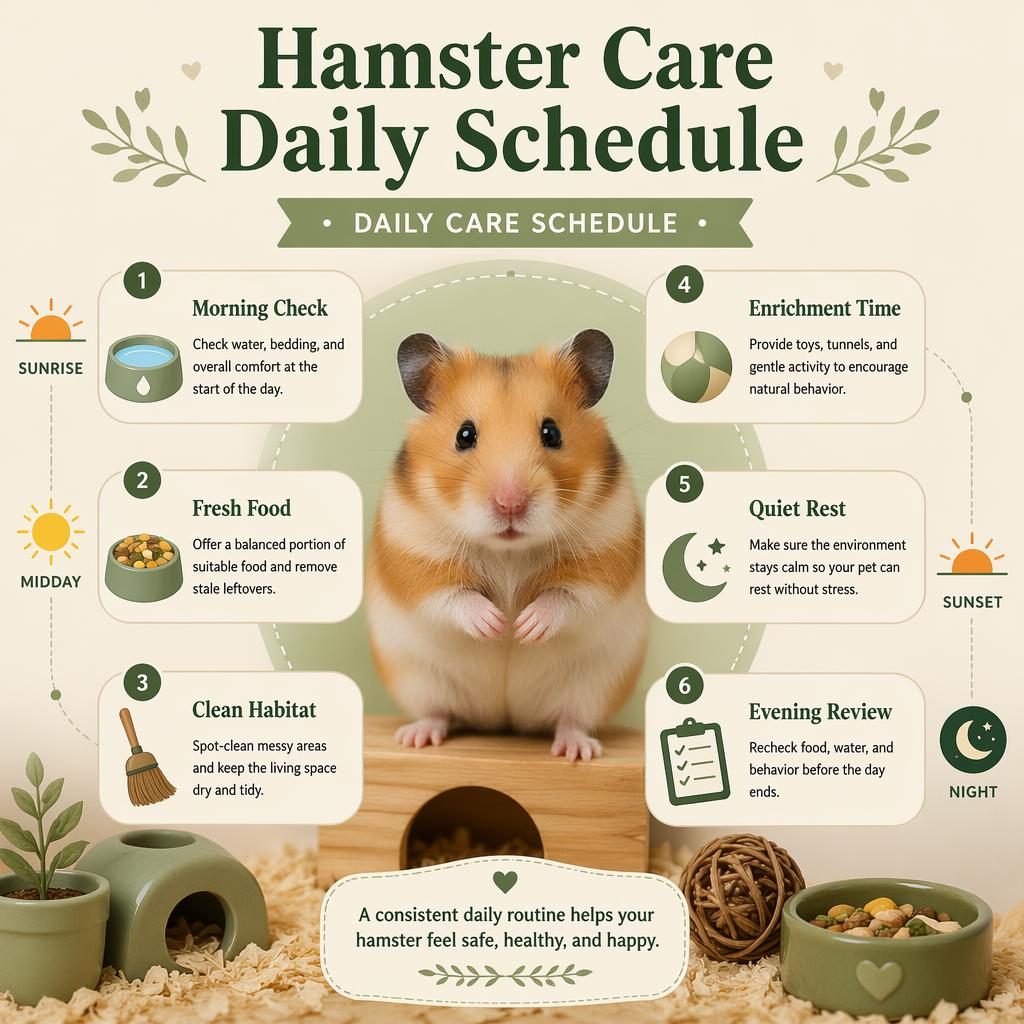 Editorial pet care infographic with a centered horse, 6 daily routine callouts, small icons, and sage cream schedule markers.