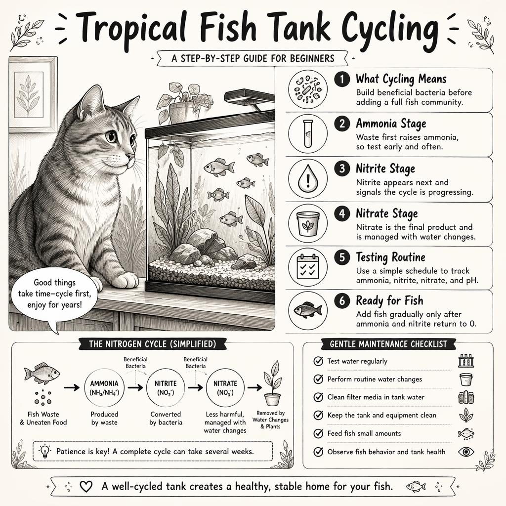 Monochrome pet care infographic shows a cat beside a tropical aquarium with 6 tank cycling callouts and mini diagrams.