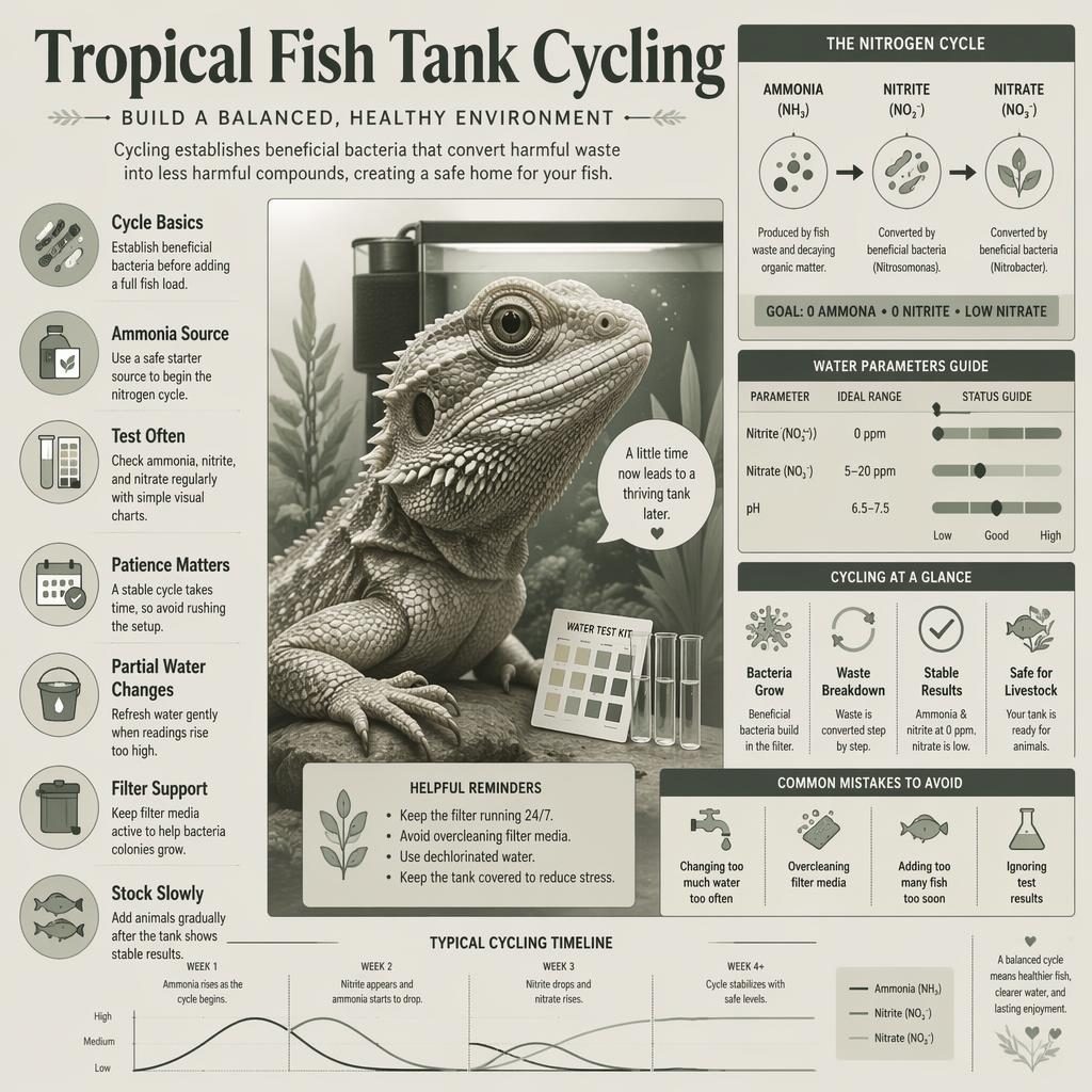 Monochrome pet care infographic showing a reptile portrait with aquarium cycling charts, tank icons, filter, test kit, plants, and labeled callouts.
