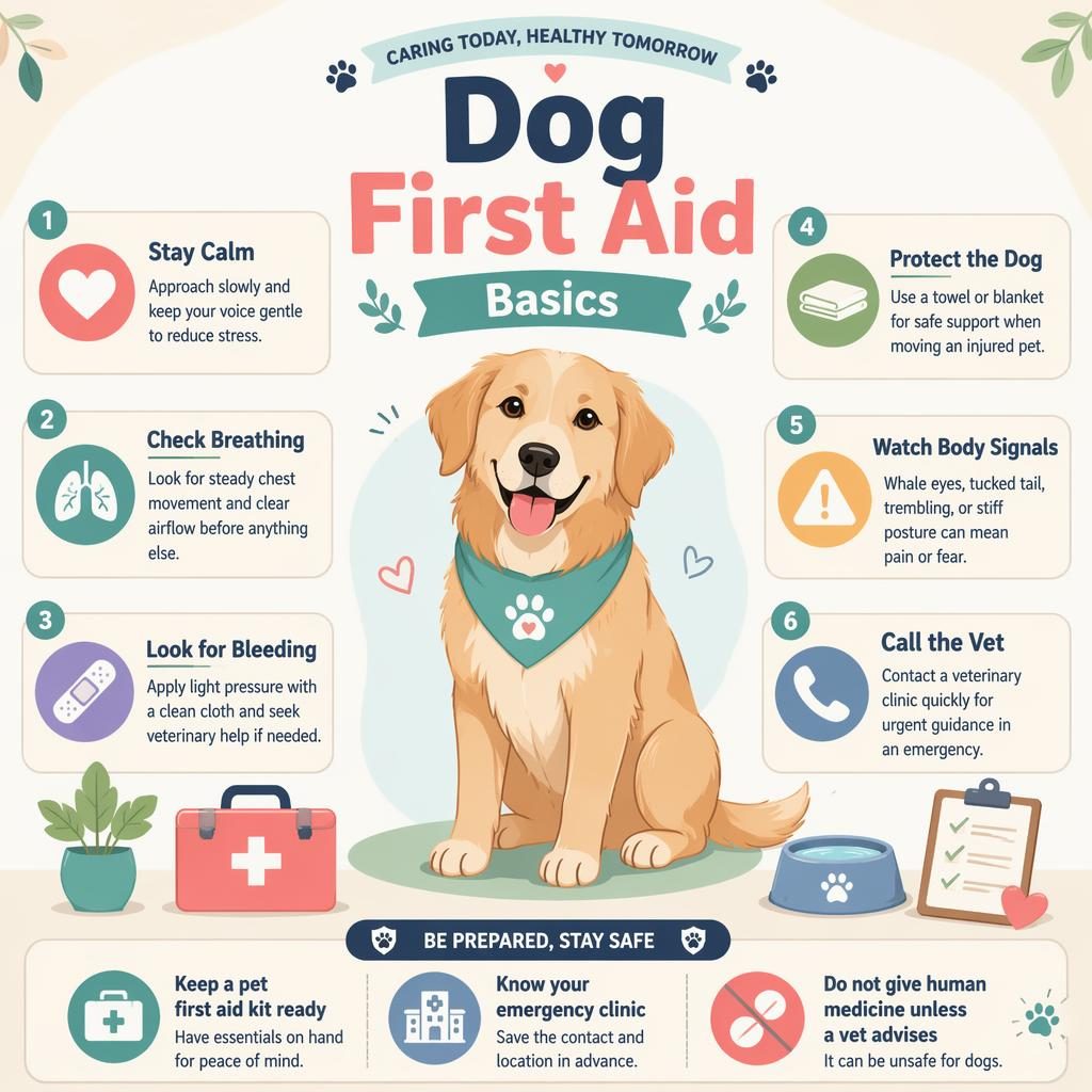Pet care infographic with a friendly illustrated dog, 6 first aid callouts, icons, and a safety reminder footer.