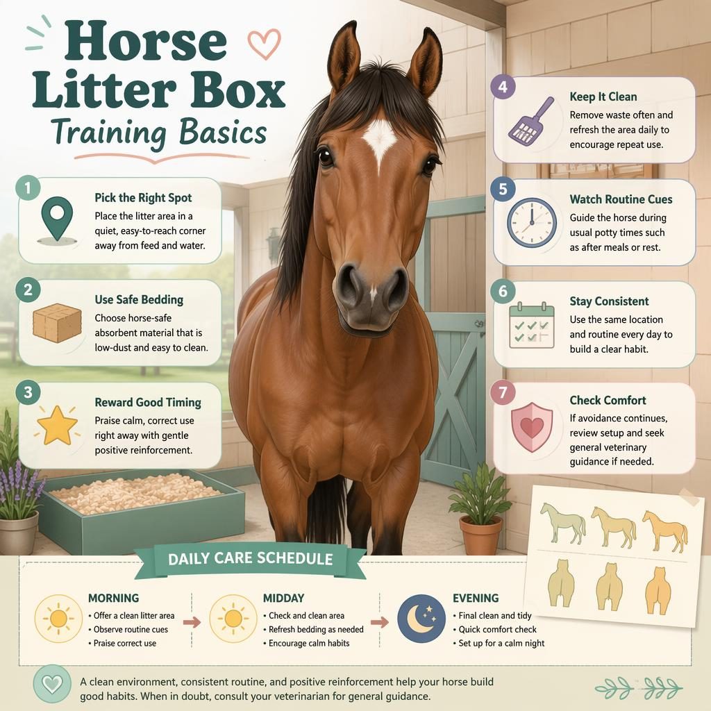 Pastel pet care infographic with a friendly horse in a clean stable, 7 training callouts, and a daily schedule strip.