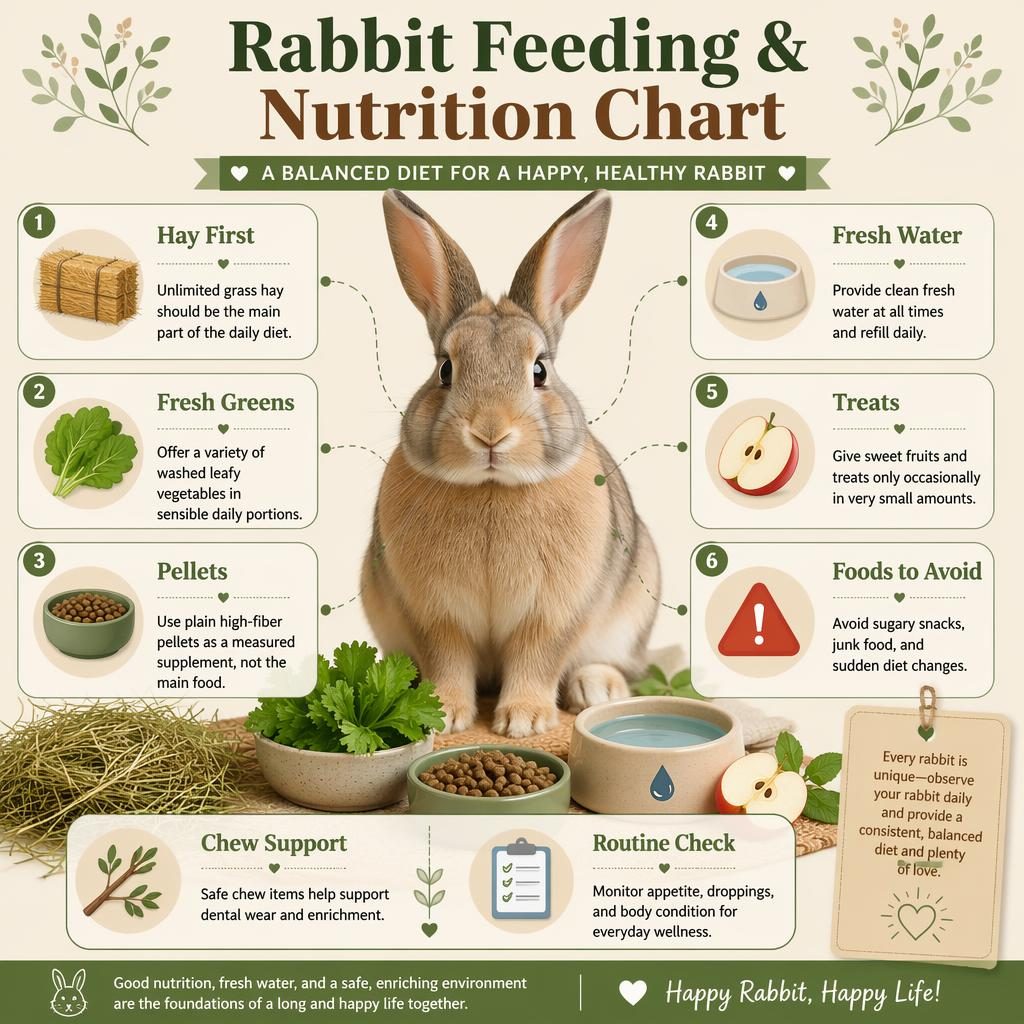 Infografika výživy králíka s portrétem zdravého králíka, 6 hlavními popisky, 2 mini panely a jemnými ikonami.