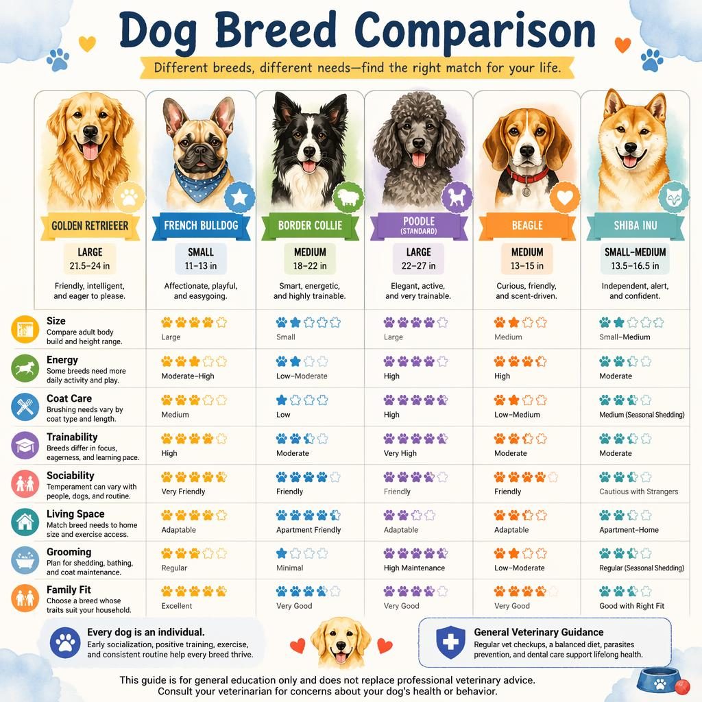 Watercolor pet infographic showing a dog breed table with side-by-side dog portraits, comparison cards, icons, and tips.