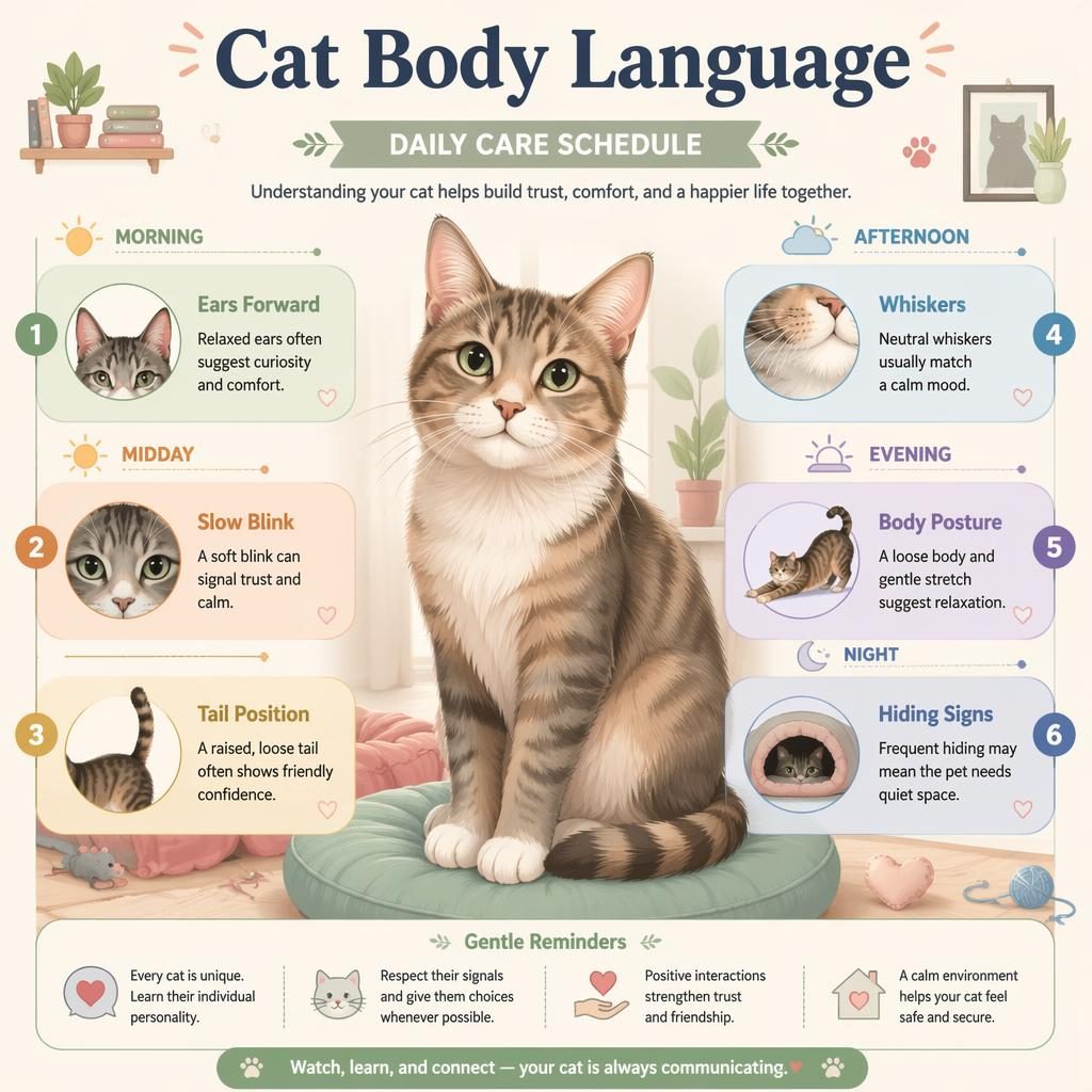 Pastel pet-care infographic titled Cat Body Language with a horse portrait and 6 labeled routine-style callouts in English.