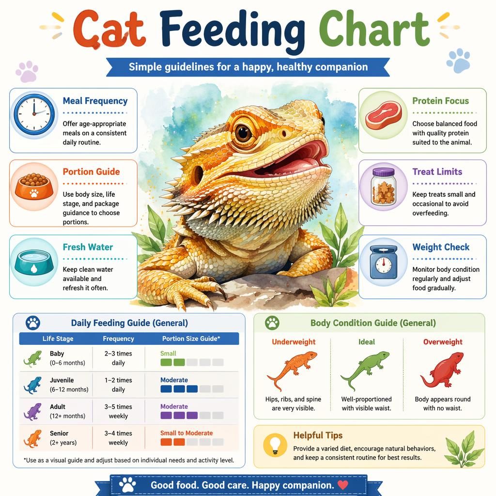 Watercolor pet care infographic with a friendly reptile portrait and 6 feeding callouts in a colorful magazine layout.
