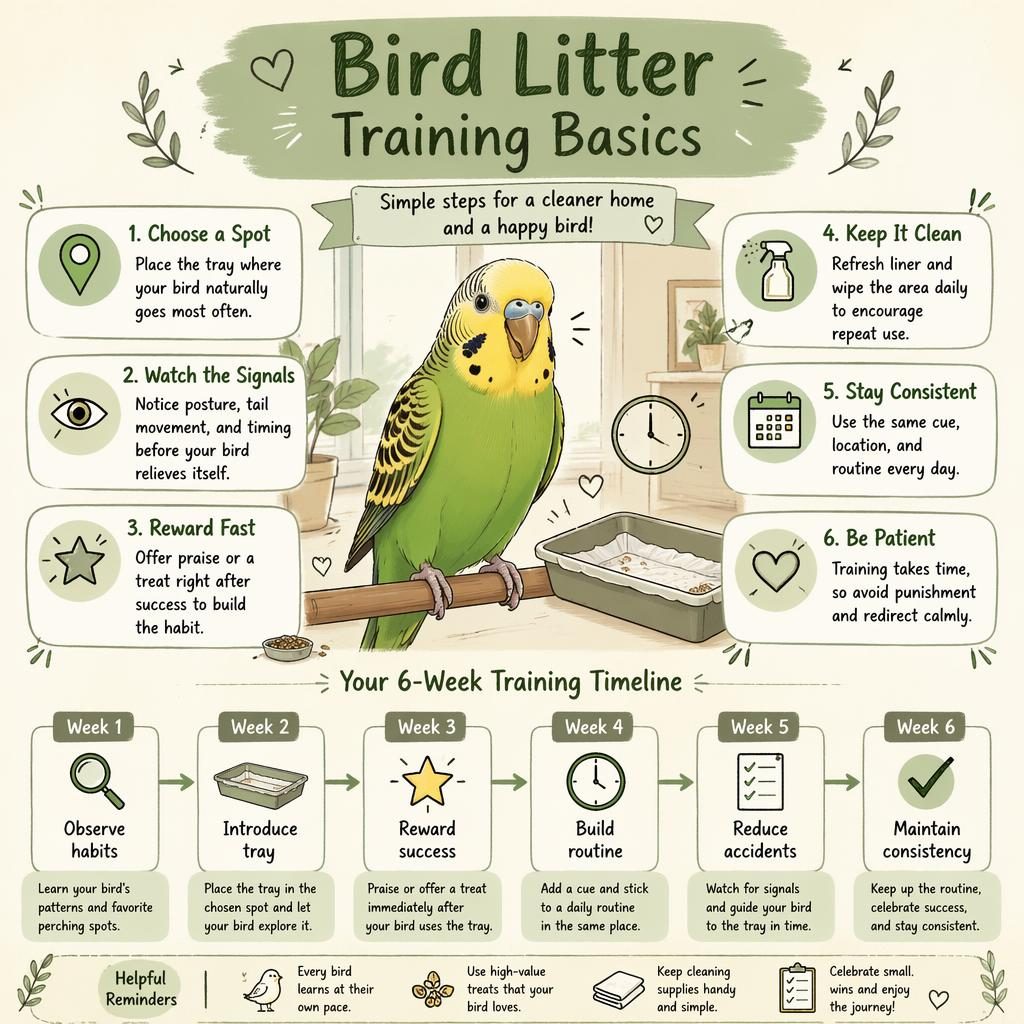 Sketchnote infographic of a pet bird at home with 6 training callouts and a week-by-week litter training timeline.