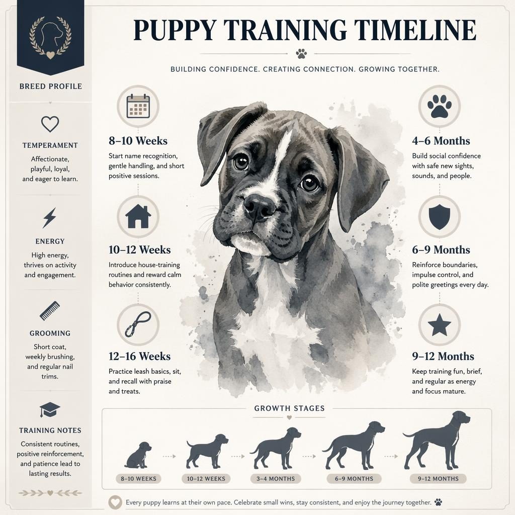 Pet care infographic with a watercolor young cat portrait, 6 puppy training timeline callouts, and boxer puppy growth stages silhouettes.