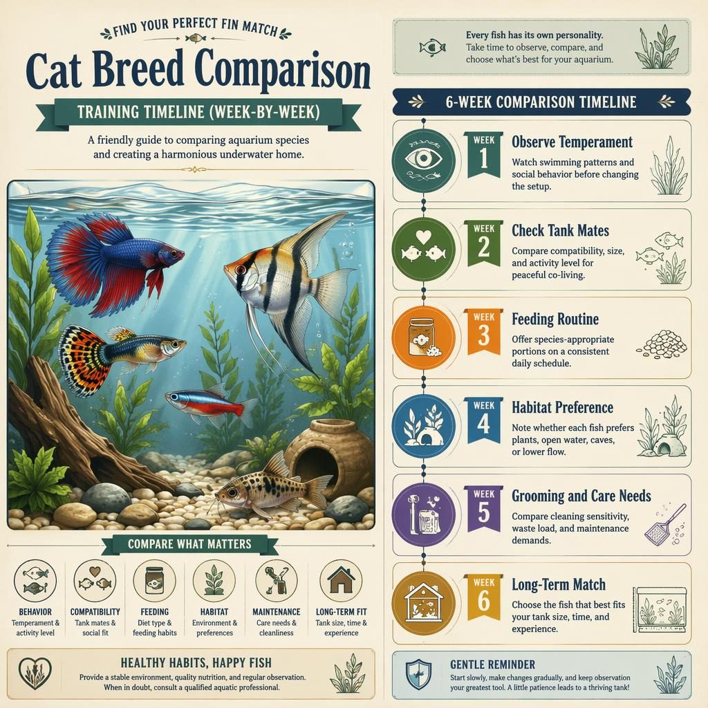 Vintage-style fish care infographic with home aquarium, ornamental fish, 6 weekly callouts, icons, tank plants, and timeline markers.