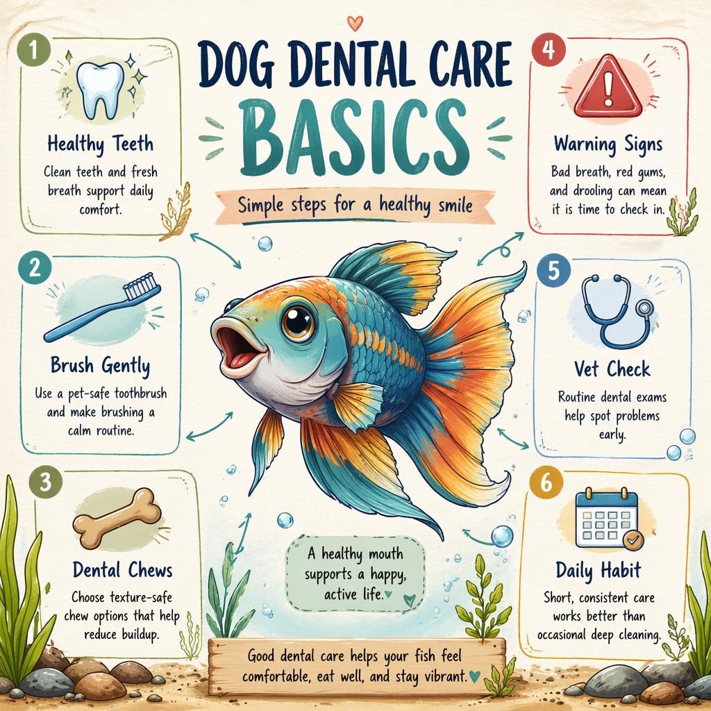 Portrait pet care infographic with a stylized aquarium fish hero, 6 dental care callouts, icons, bubbles, arrows, and note boxes.
