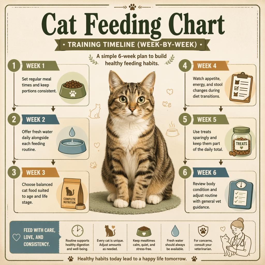 Infografika Cat Feeding Chart ve vintage stylu s portrétem kočky uprostřed a 6 týdenními tipy kolem ní.