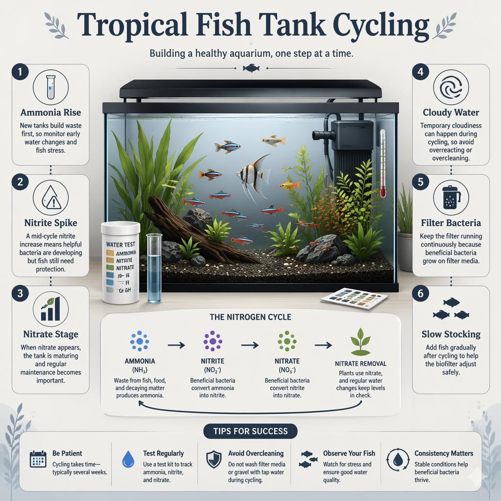 Editorial aquarium care infographic showing a tropical fish tank setup with 6 labeled cycling callouts and icons.