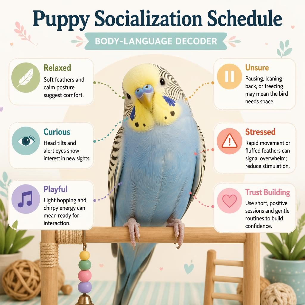 Minimal pastel pet care infographic with a friendly bird portrait centered and 6 labeled body-language callouts with icons.