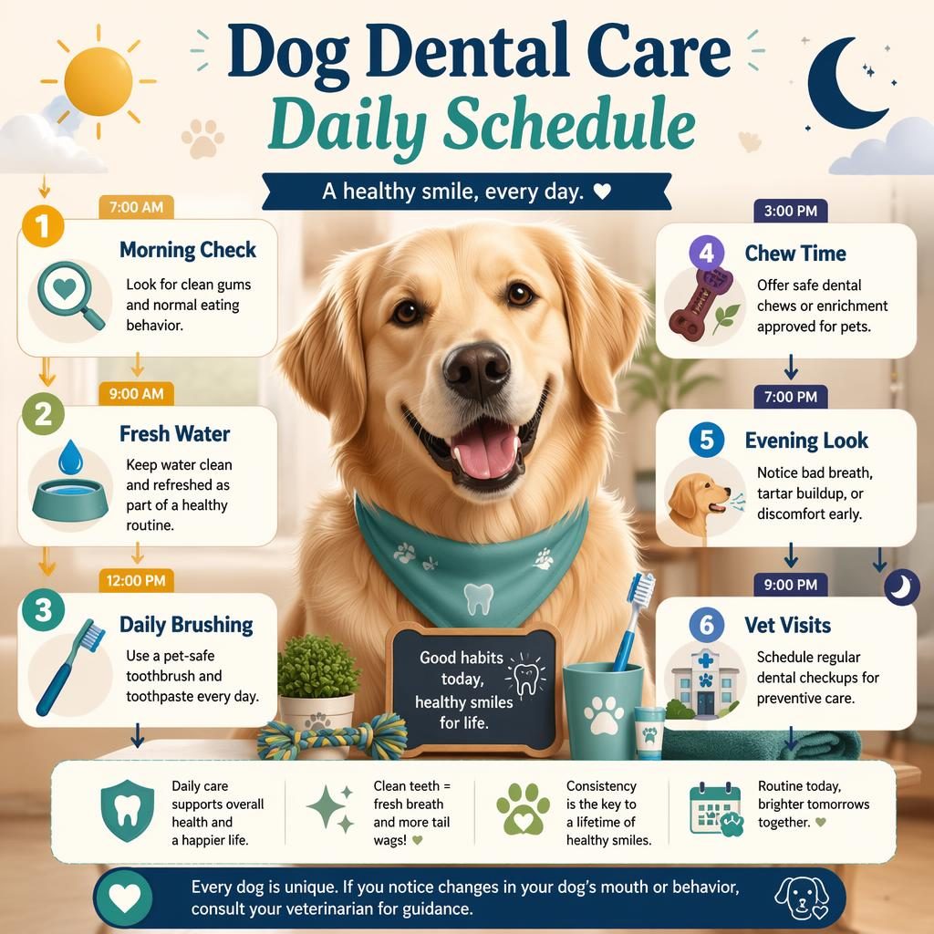 Pet care infographic with a healthy aquarium fish portrait and 6 daily dental care callouts, plus sun, moon, arrows, and icons.