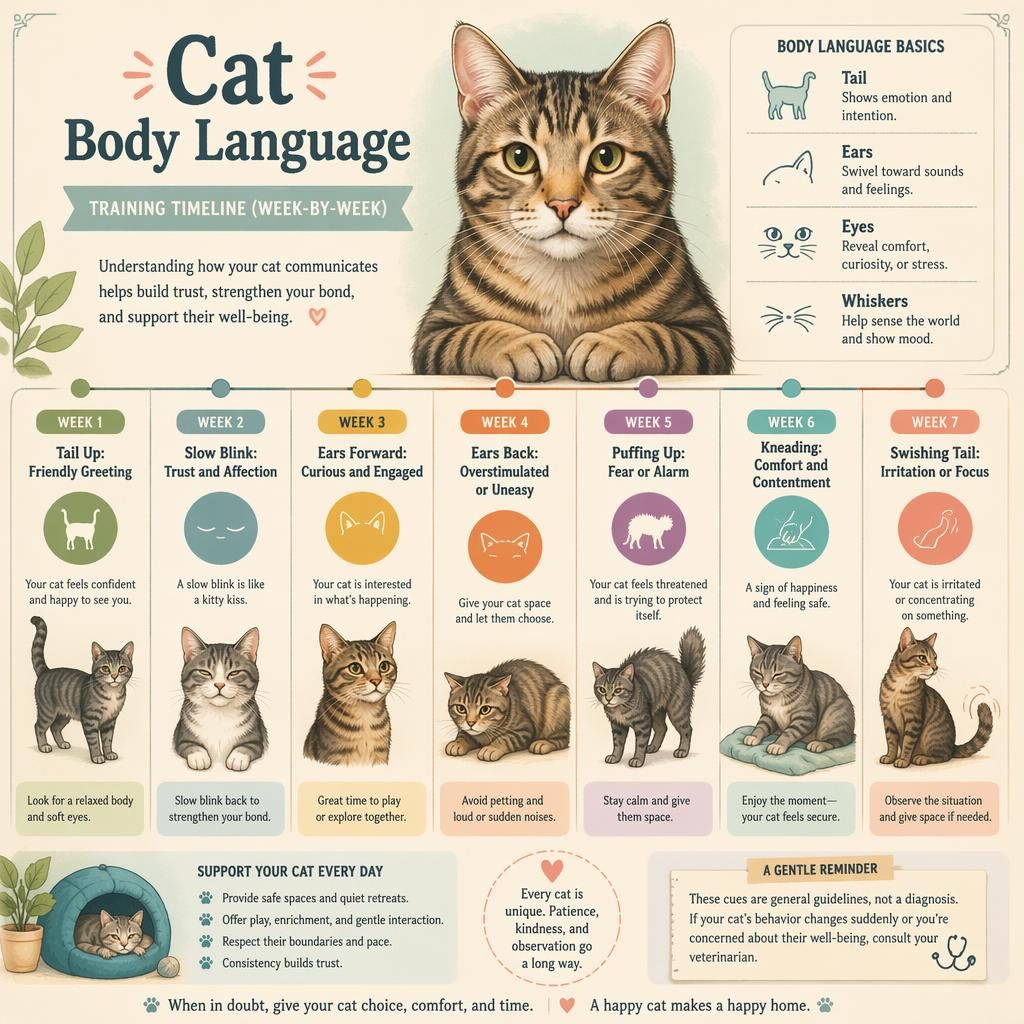 Vintage-style cat body language infographic with hero cat portrait, week-by-week callouts, posture diagrams, and pastel icons